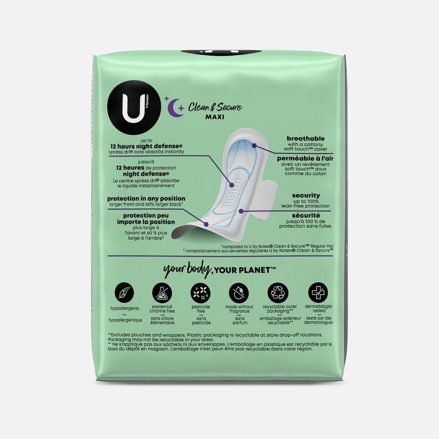 U by Kotex Clean & Secure Overnight Maxi Pads with Wings, 14 ct., , large image number 1