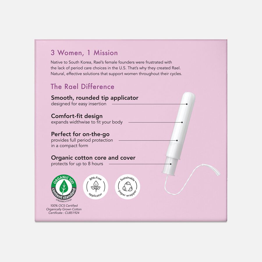 Rael Organic Cotton Core Tampons with Plant Based Compact Applicators - Regular, 18 ct., , large image number 1