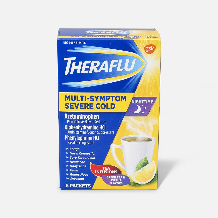 Theraflu Nighttime Multi-Symptom Severe Cold Hot Liquid Powder, Green Tea and Citrus Flavors, 6 ct., , large image number 0