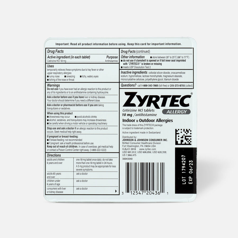 Zyrtec Allergy Tablets, 10 mg Capsule, 30 ct., , large image number 1