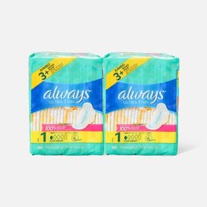 Always Ultra Thin Pads Size 1 Regular Absorbency Unscented with Wings, 46 ct. (2-Pack)