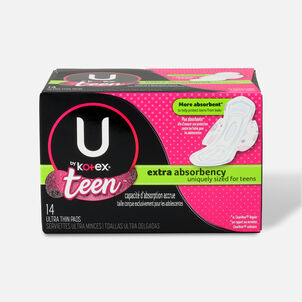 U by Kotex Ultra Thin Teen Pads with Wings, Extra Absorbency, Unscented, 14 ct.