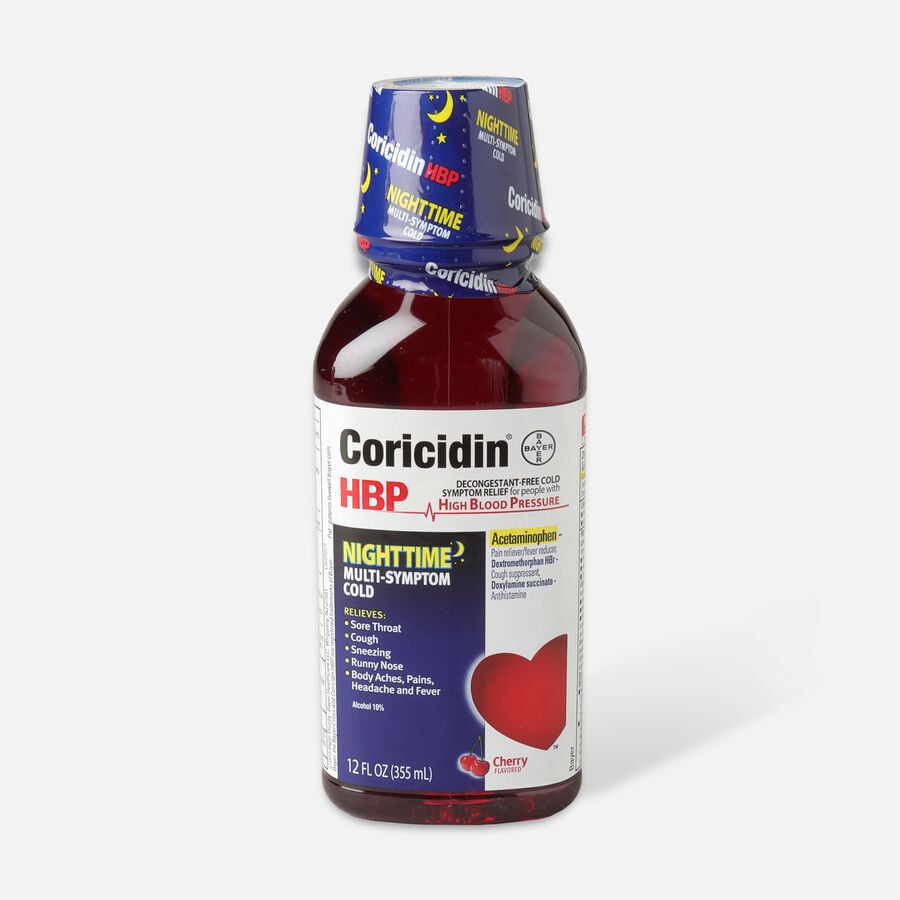 Coricidin HBP Nighttime Multi-Symptom Cold Syrup, Cherry, 12 oz., , large image number 0