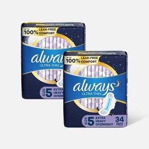Always Ultra Thin Pads Extra Heavy Overnight Absorbency Unscented with Wings, Size 5, 34 ct. (2-Pack)