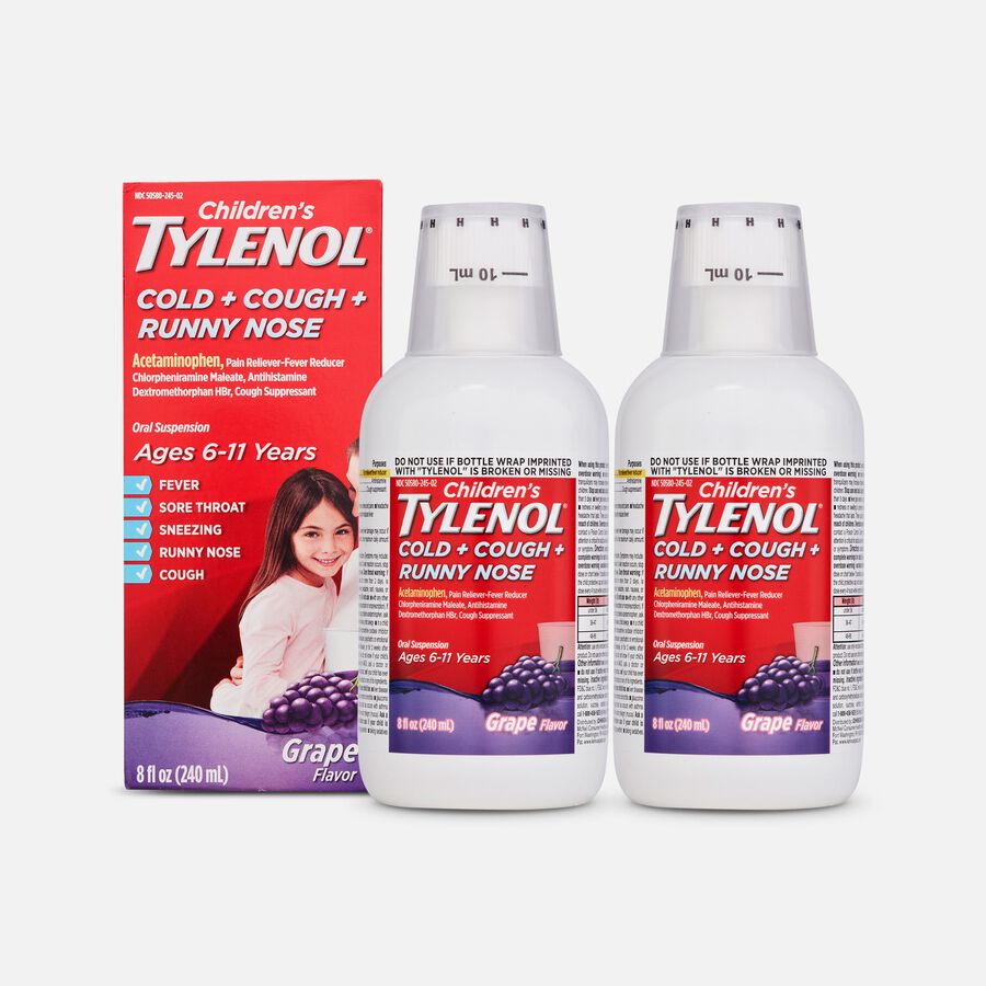 Children's Tylenol Cold + Cough + Runny Nose Relief Liquid, Grape, 8 fl oz. (2-Pack), , large image number 0