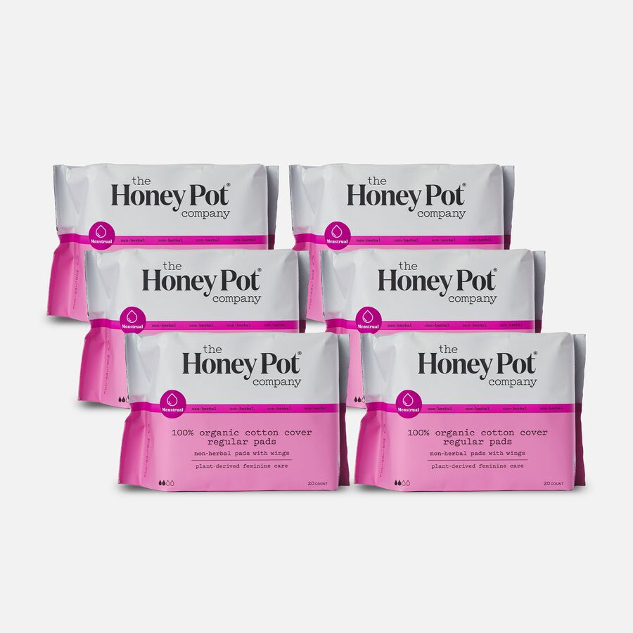 The Honey Pot 100% Organic Top Sheet Regular Non Herbal Menstrual Pads, 20 ct. (6-Pack), , large image number 0
