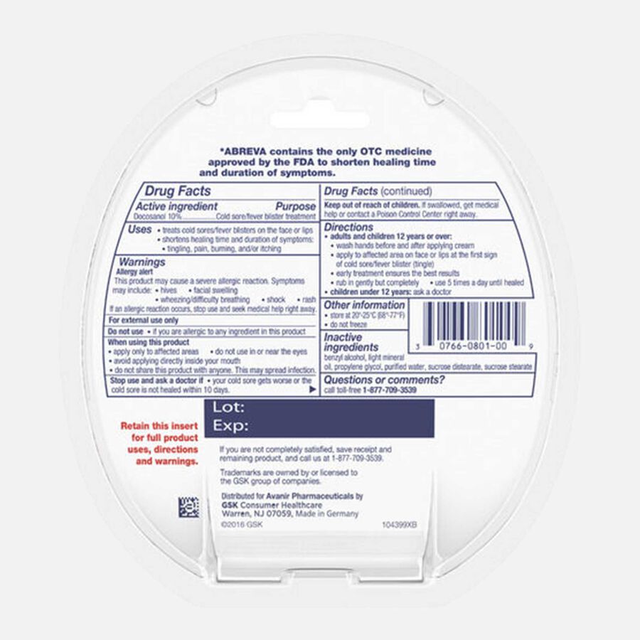 Abreva, Docosanol 10% Cream Tube, Treatment for Cold Sore/Fever Blister, 2g, , large image number 1