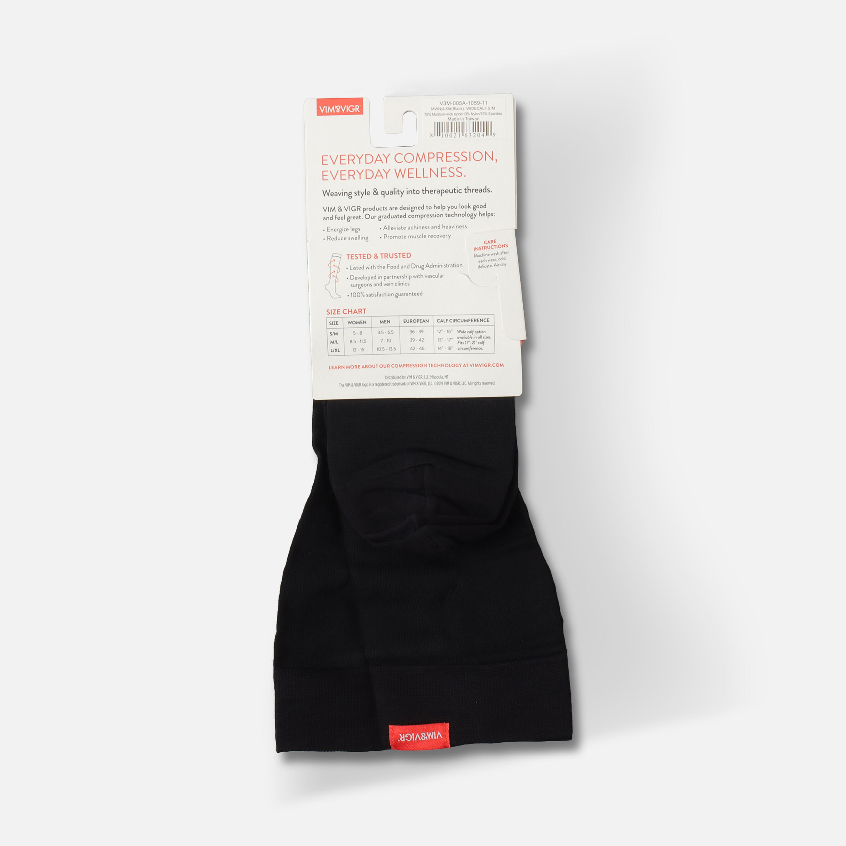 VIM & VIGR MoistureWick Nylon Socks, Solid Black, Wide Calf S/M, 3040