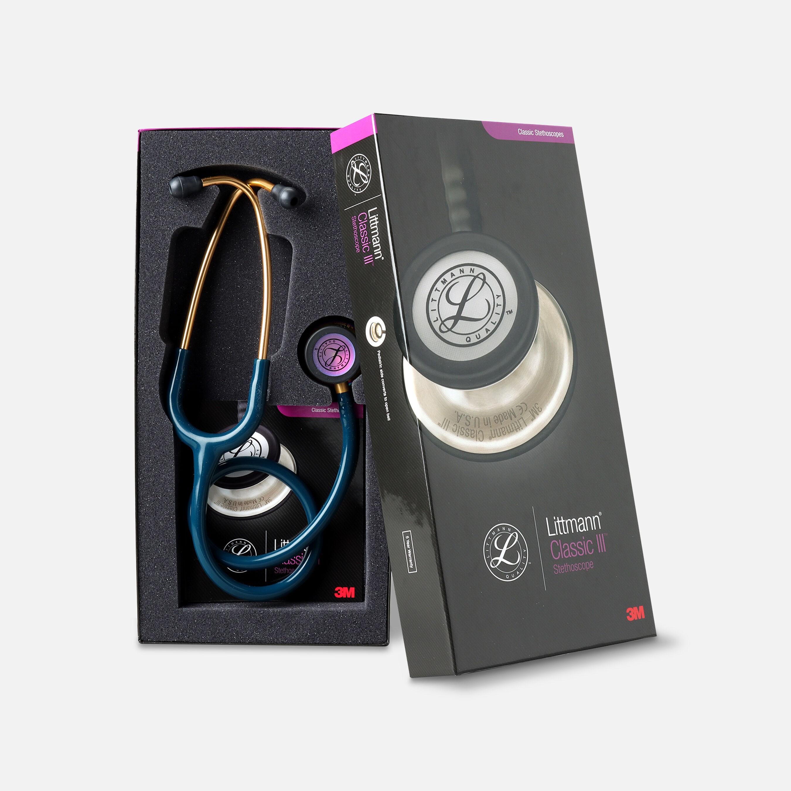 3M Littmann Classic III Stethoscope, Caribbean Blue Tube with Rainbow