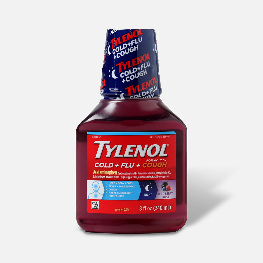 Tylenol Cold + Flu+ Cough Night Wild Berry Liquid 8 fl oz., , large image number 0