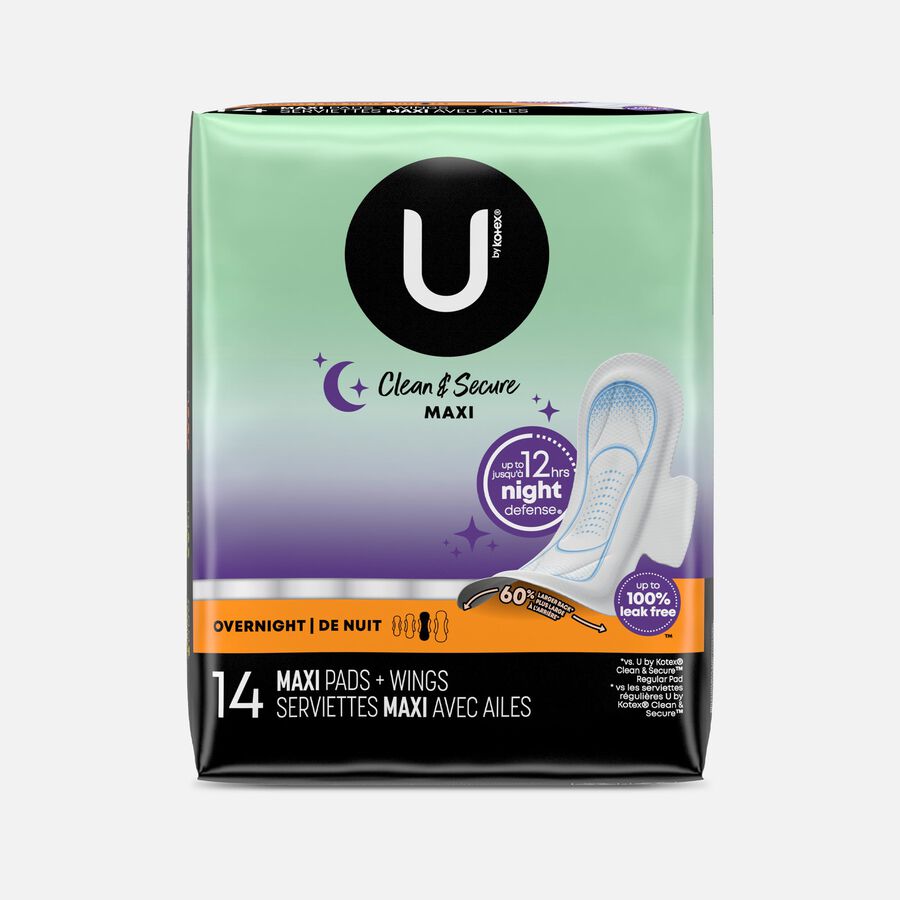U by Kotex Clean & Secure Overnight Maxi Pads with Wings, 14 ct., , large image number 0