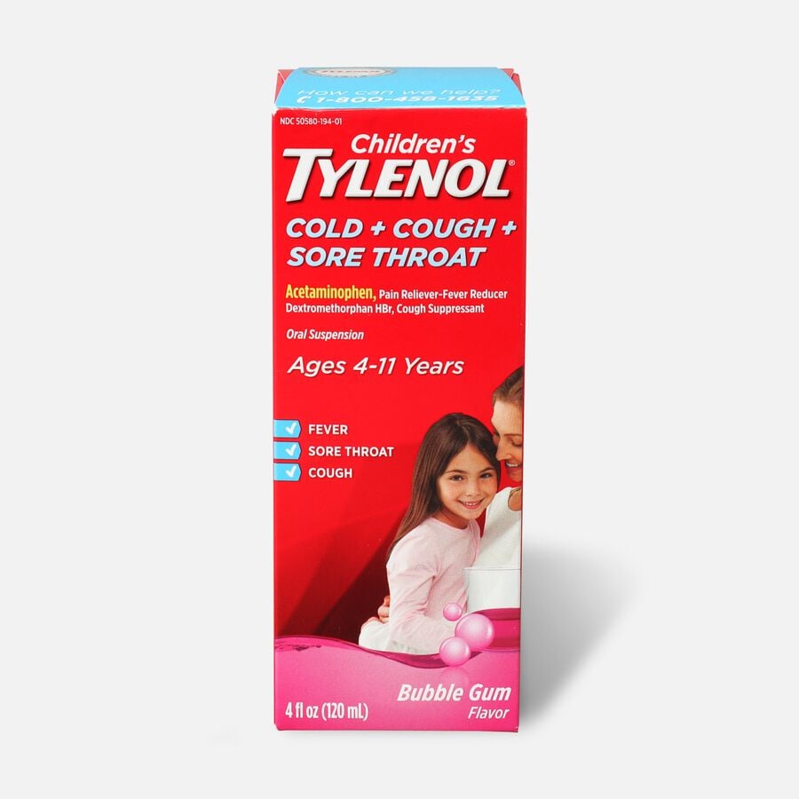 Children's Tylenol Cold + Cough + Sore Throat, Bubblegum Flavor, 4 fl oz., , large image number 0