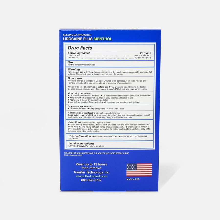 Re-Lieved 4% Lidocaine Plus Pain Relief Patches, 1% Menthol, 6 ct., , large image number 2